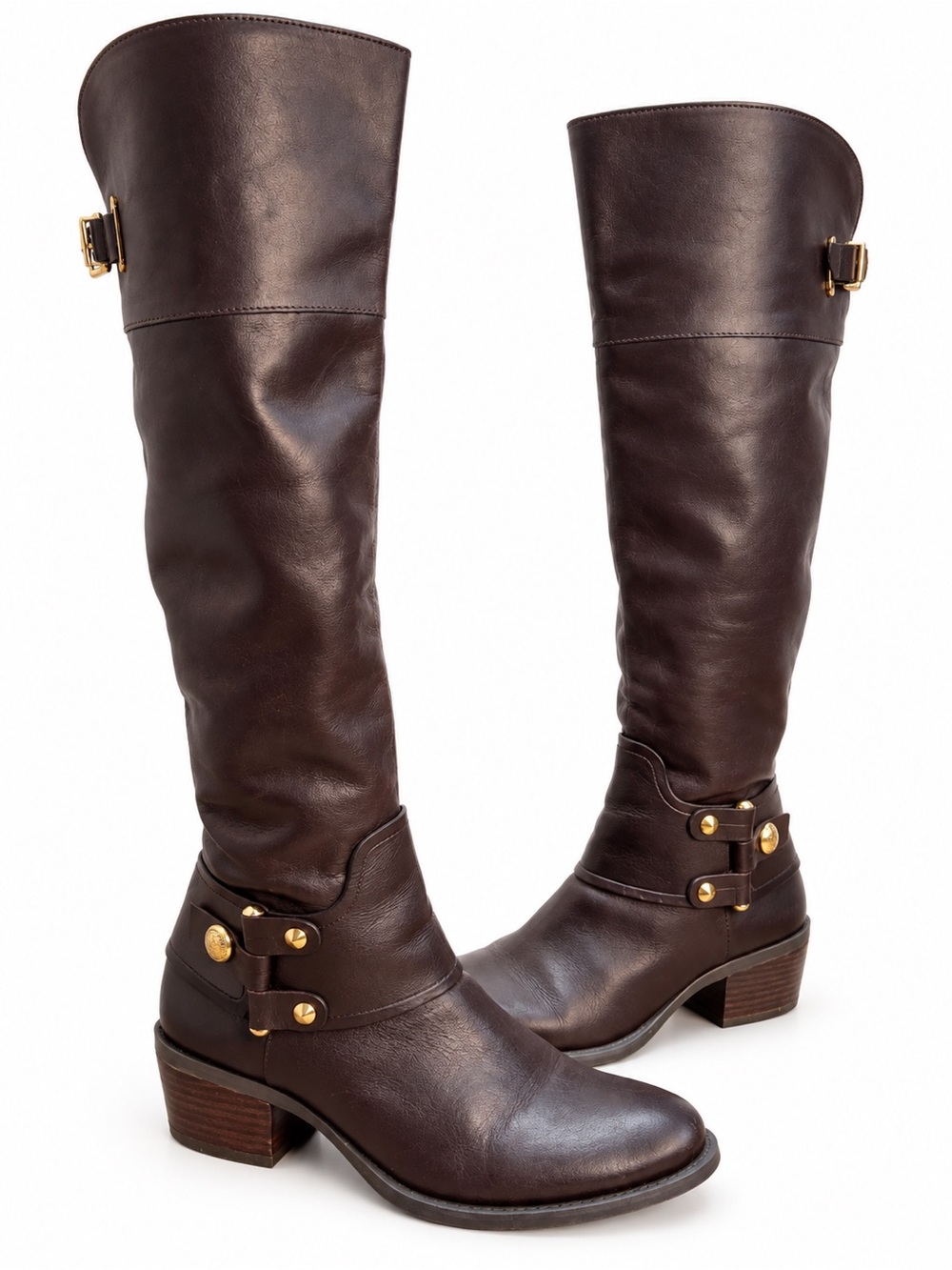 Vince Camuto Dark Brown Leather Over The Knee Riding Boots Gold Hardware